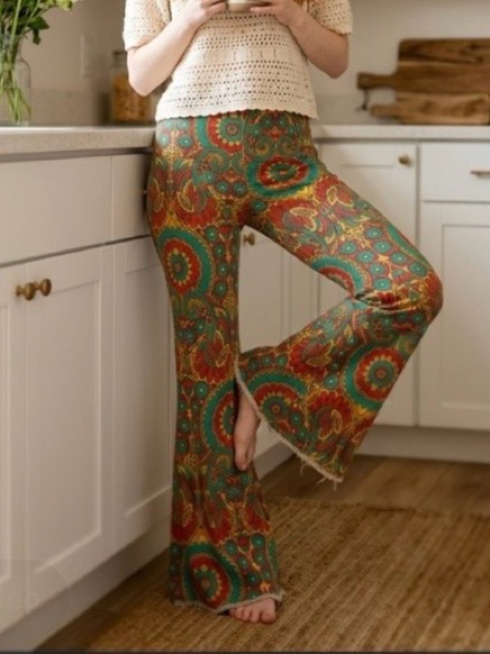 Free People, Retro Floral High-Waist Flare Pants - Green Multi